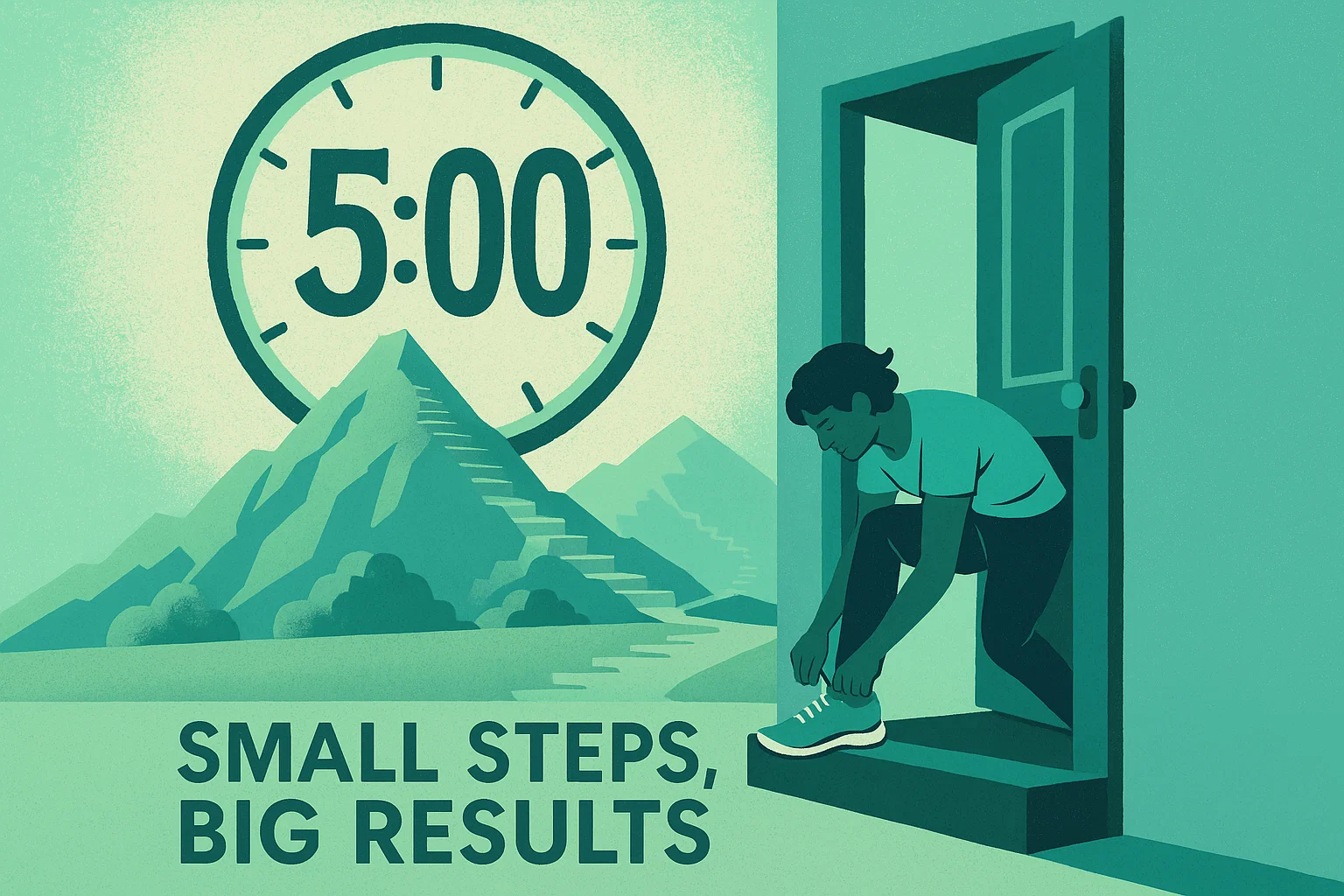 Timer showing 5 minutes with runner lacing up shoes, emphasizing small achievable steps